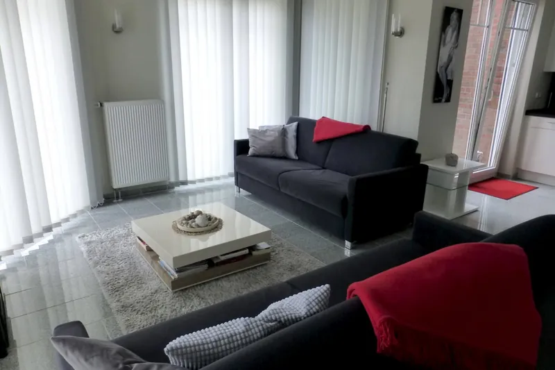 Wohnzimmer von Fördeblick 1 mit zwei anthrazitfarbenen Sofas, roten Decken und raumhohen Fenstern