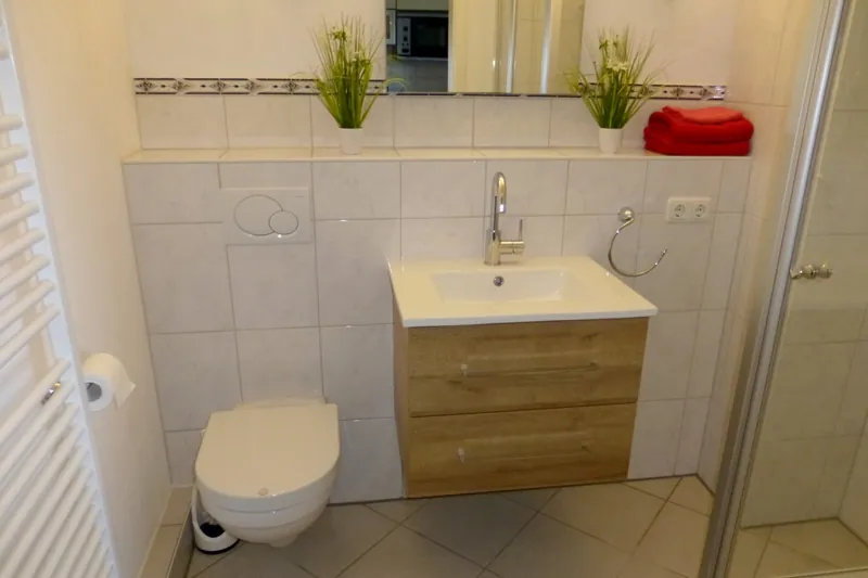 Wandhängendes WC und Waschtisch mit Holzunterschrank
