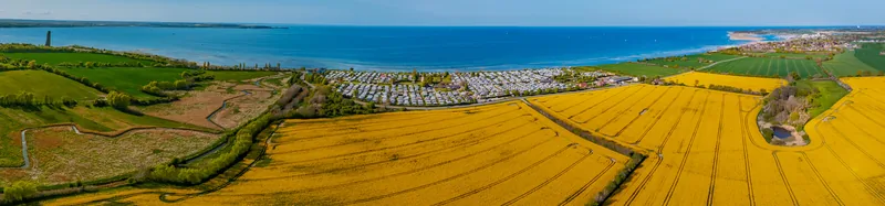 Luftpanorama über gelb blühende Rapsfelder und die Küste zwischen Laboe, Stein und Marina Wendtorf an der Kieler Förde